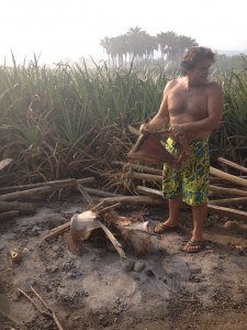 Alejandro starting the base for the fire with palm bark